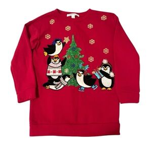 Christmas Penguin Embroidered Red Tunic Kids Girls Sweater Size 8